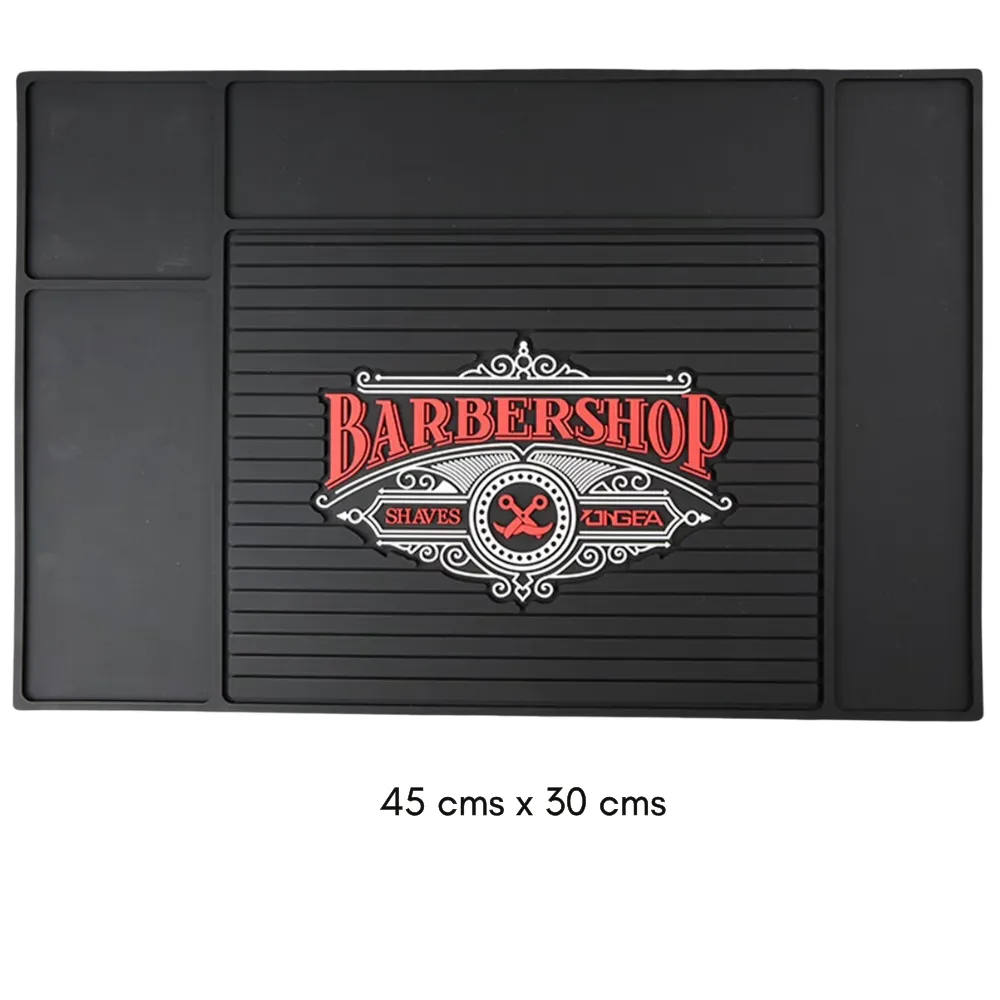 Tapete Negro Diseño Barber Shop letras rojas medida 45cm x 30 cm